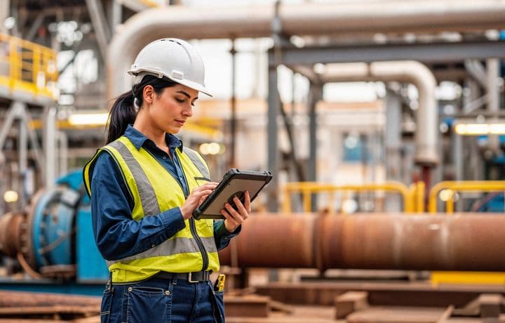 An engineer checking plant equipment against a tablet