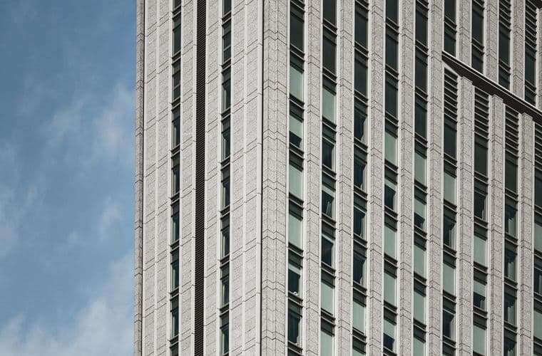 Commercial towers in a city business district seen from below